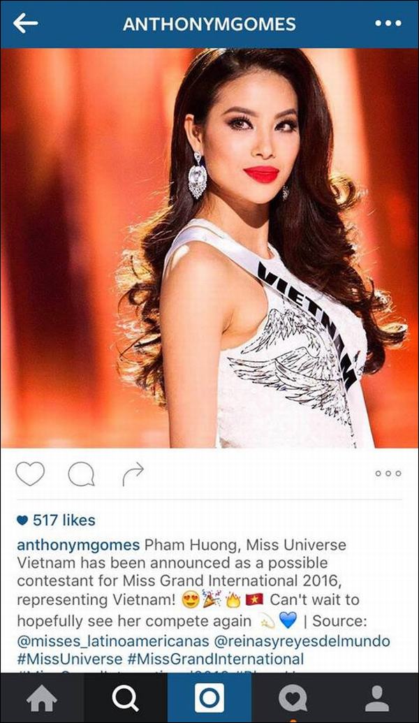 Xôn xao tin đồn Phạm Hương dự thi Hoa hậu Hòa bình Thế giới 2016