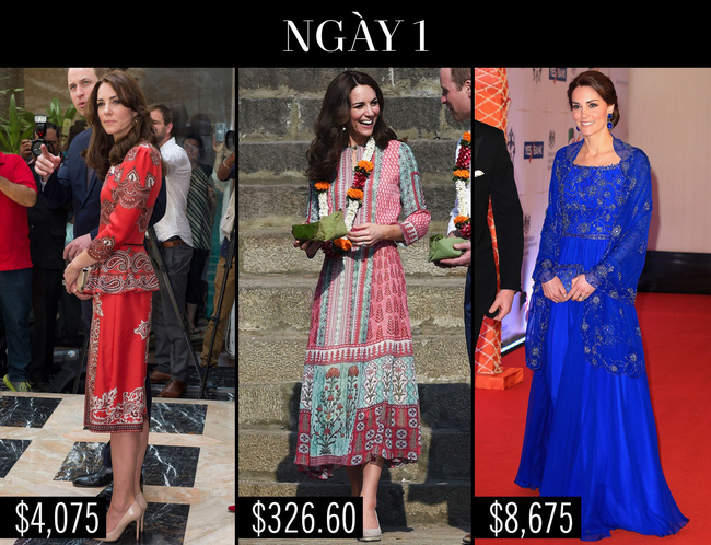 Trong ngày đầu tiên, Kate Middleton diện 3 bộ đồ có mức giá từ bình dân đến đắt đỏ.