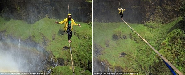 Đi qua dây ở độ cao chóng mặt trên thác nước Brazil