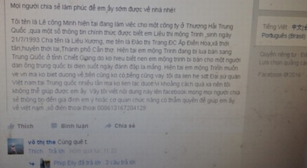  1 người đàn ông đăng thông tin lên Facebook để cầu cứu giúp Trinh