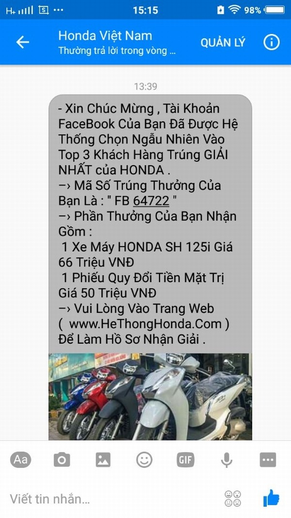 Liên tục khách hàng bị web giả mạo Honda Việt Nam lừa trúng thưởng