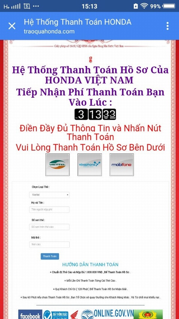 Liên tục khách hàng bị web giả mạo Honda Việt Nam lừa trúng thưởng