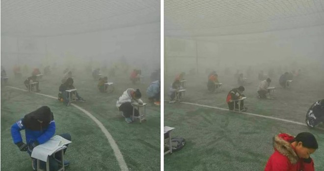 'Học sinh Trung Quốc thi ngoài trời dù không khí ô nhiễm nặng
