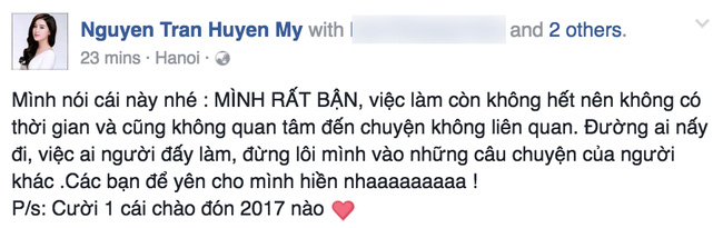 Sau khi bị nghi vấn đứng sau vụ Kỳ Duyên, Huyền My đăng trên Facebook: 