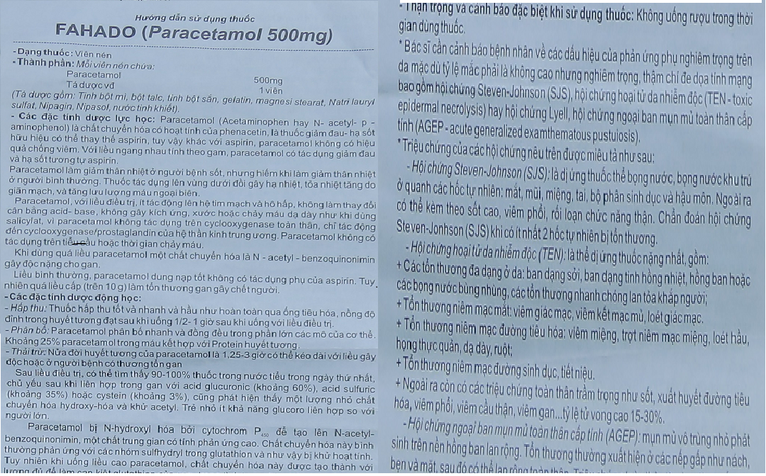 Thuốc paracetamol có thể gây tử vong nếu dùng quá liều