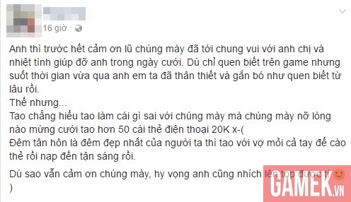 Được mừng cưới hơn 50 thẻ cào 20K, game thủ Việt mỏi tay đêm tân hôn