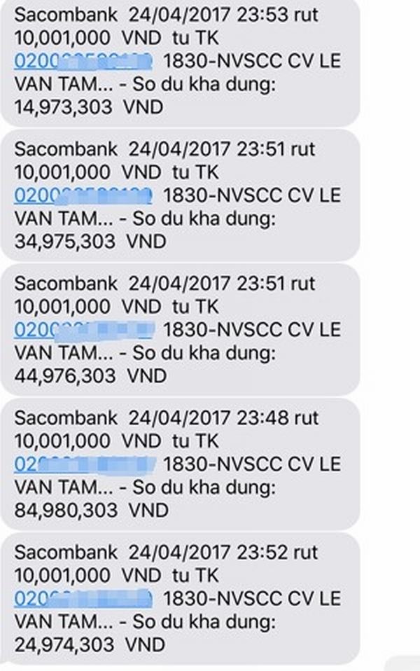 Khách hàng Sacombank nửa đêm mất gần 95 triệu trong tài khoản
