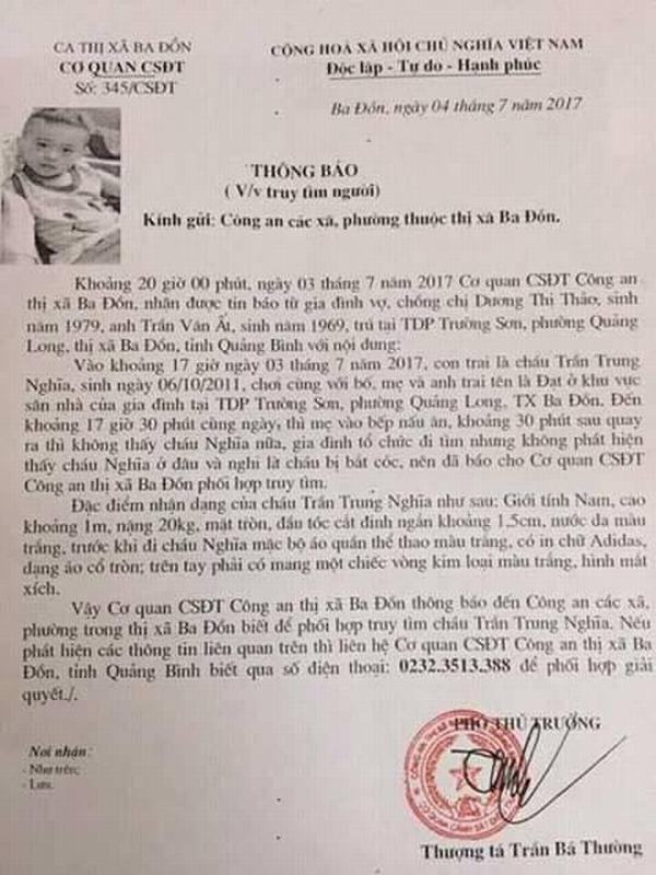 Nghi vấn bé trai mất tích ở Quảng Bình xuất hiện tại Hà Nội