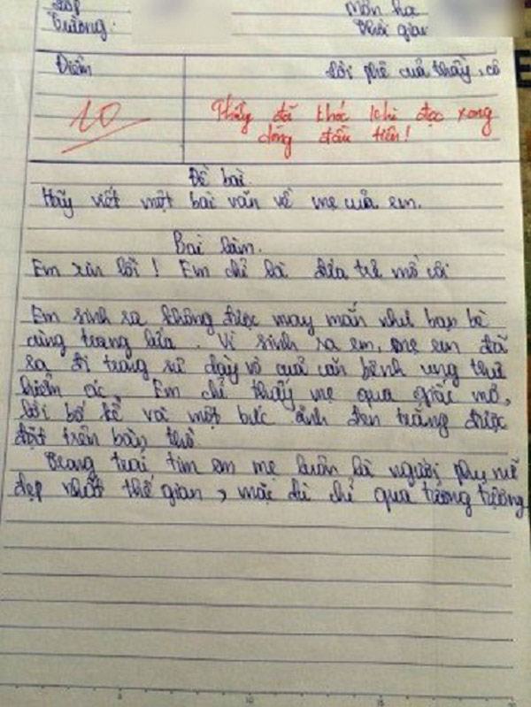 Bài văn tả mẹ đạt điểm 10 khiến thầy giáo phải bật khóc ngay khi đọc dòng đầu tiên
