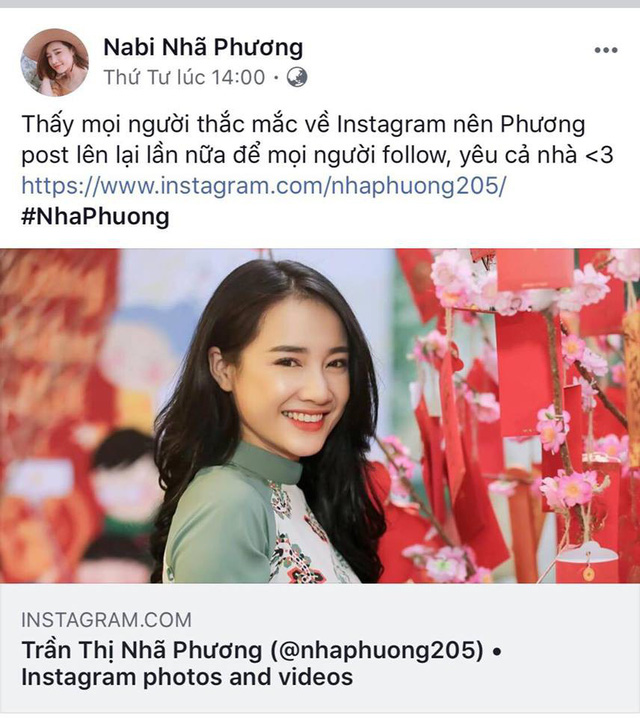 Trước đó, Nhã Phương đã thông báo tài khoản instagram mới trên trang fanpage chính thức của mình.