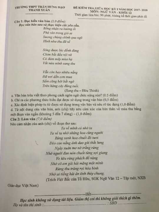  Trích đoạn tác phẩm Việt Bắc trong tin nhắn cô Ngọc Yến gửi học sinh trúng phóc với phần đề thi chiếm 7 điểm. 
