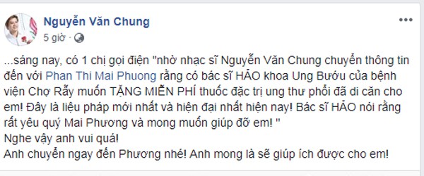  Nhạc sĩ Nguyễn Văn Chung chia sẻ tin vui. 