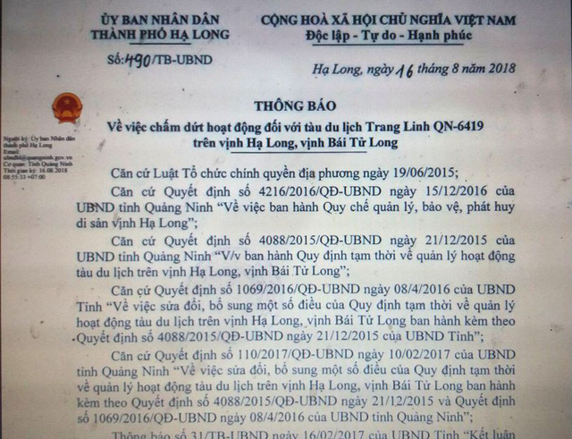  Thông báo về việc chấm dứt hoạt động tàu du lịch Trang Linh QN - 6419 của UBND TP. Hạ Long. Ảnh: Đ,Tùy 