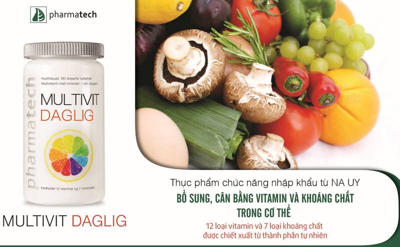 Multivit Daglig được sản xuất dưới tiêu chuẩn thực phẩm, dược phẩm của Na Uy với các thành phần tự nhiên chiết xuất từ trái cây và rau củ.
